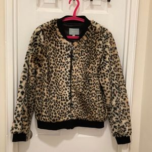 Animal print faux fur bomber jacket